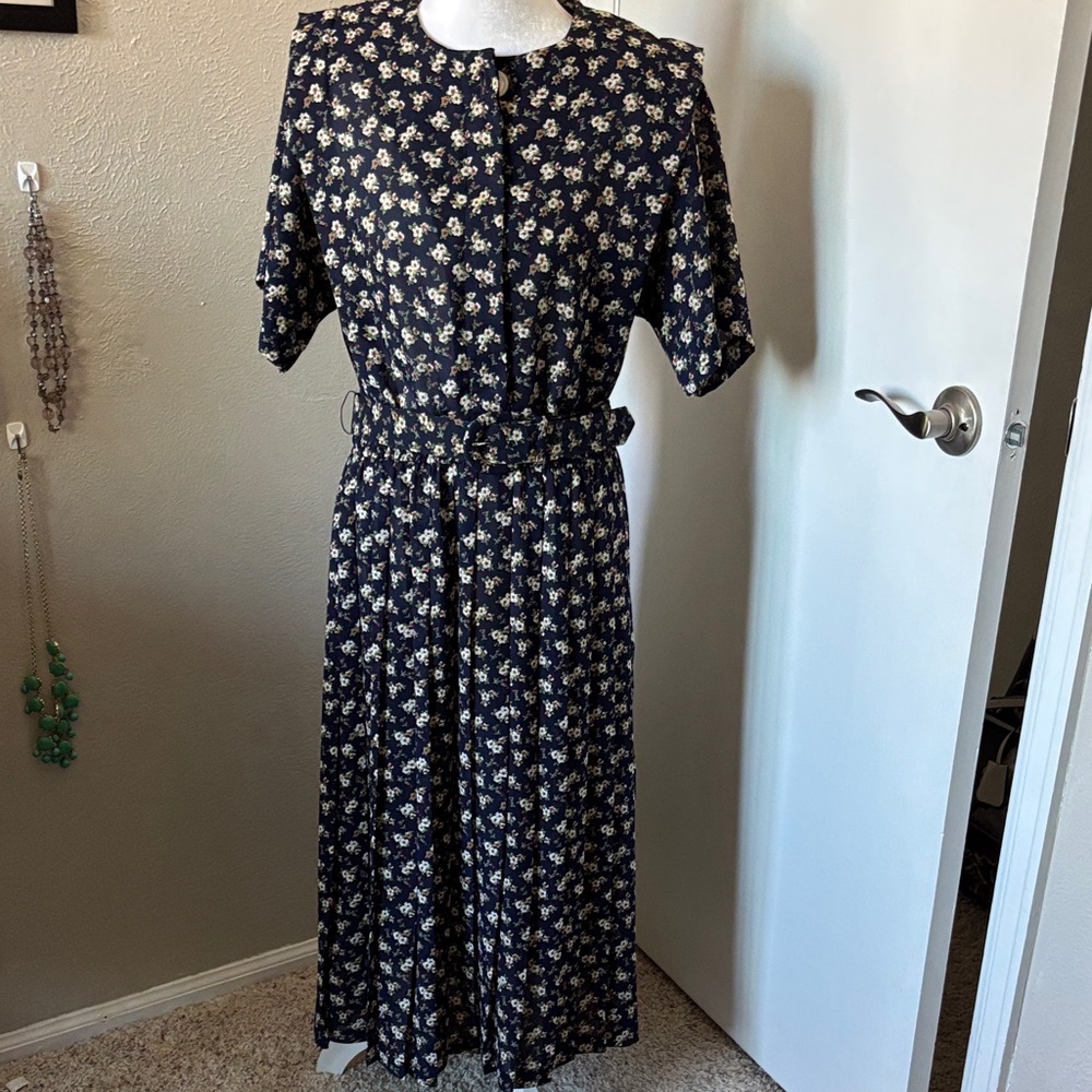 Clear out!!!   Vintage Navy Floral Ditsy Dress Secretary Maxi Size 14P